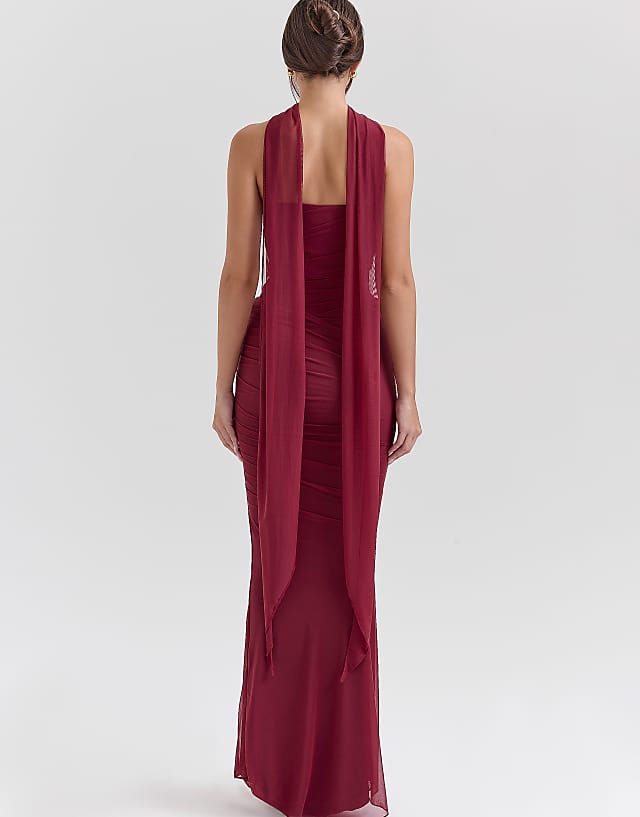 House Of CB Cassidy Fluted Hem Mesh Maxi Skirt In Cabernet