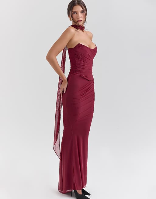 House Of CB Cassidy Fluted Hem Mesh Maxi Skirt In Cabernet