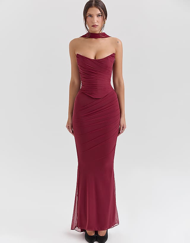 House Of CB Cassidy Fluted Hem Mesh Maxi Skirt In Cabernet