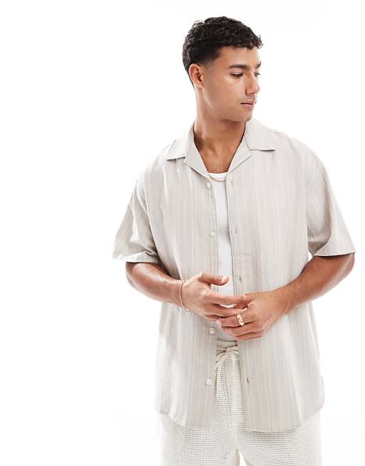Jack & Jones embroidered linen mix shirt in stone