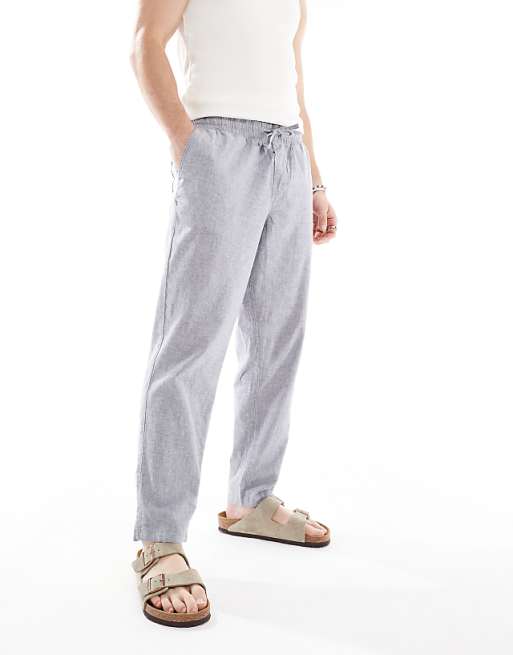 Jack & Jones Intelligence drawstring linen mix trouser in blue