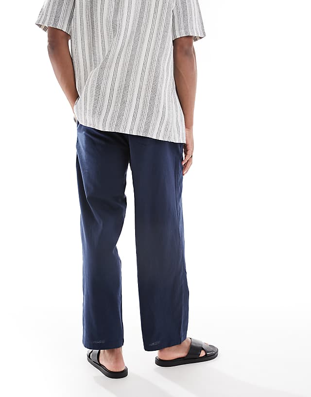 Jack & Jones Loose Fit Linen Mix Trouser In Navy