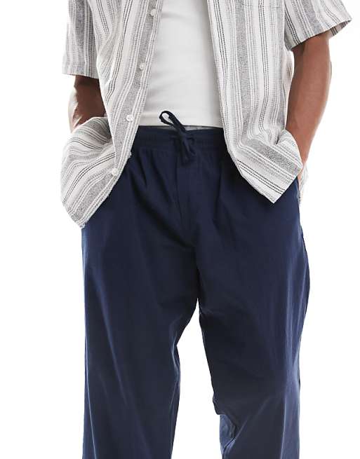 Jack & Jones Loose Fit Linen Mix Trouser In Navy