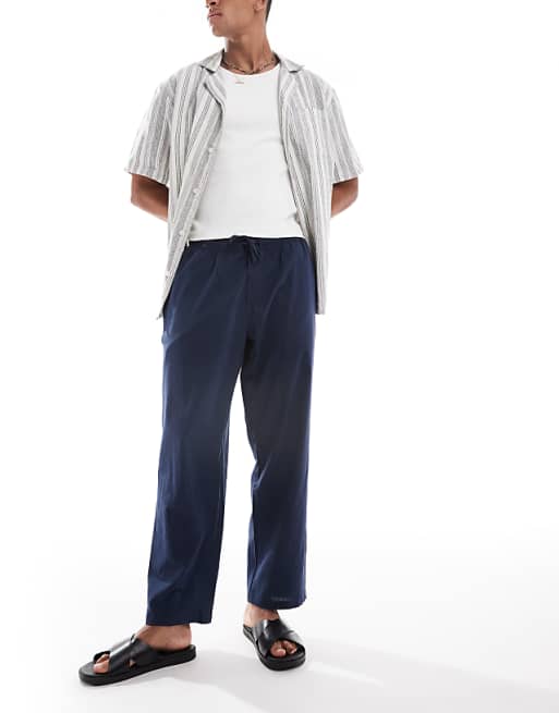 Jack & Jones Loose Fit Linen Mix Trouser In Navy