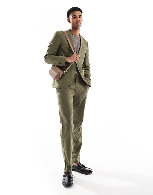 Jack & Jones Premium Linen Mix Suit in Olive Green
