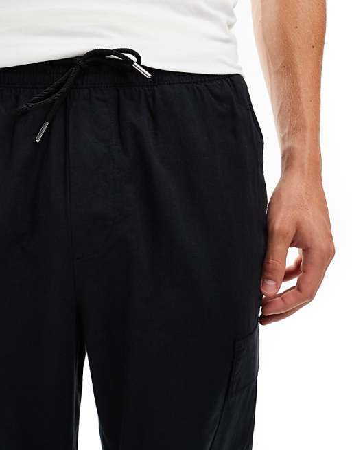 Jack & Jones Tapered Linen Trouser With Cargo Pockets In Black