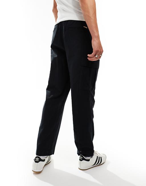 Jack & Jones Tapered Linen Trouser With Cargo Pockets In Black