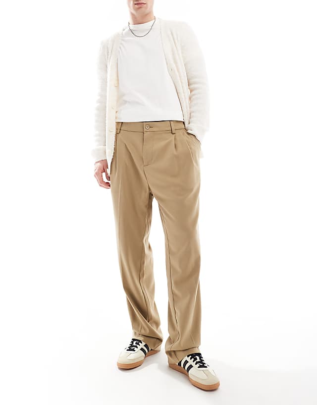 Jack & Jones wide fit pleat front smart trouser in beige