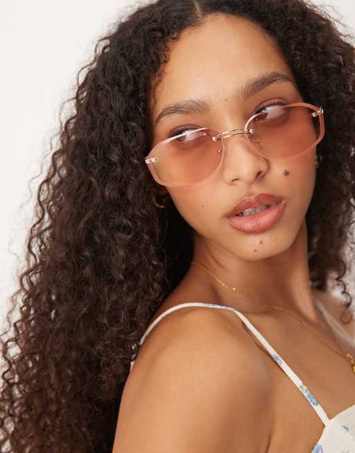 Jeepers Peepers rimless metal oval sunglasses in pink and gold