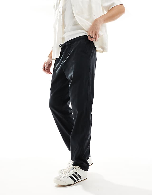 JJ Rebel Drawstring Linen Mix Trouser In Black
