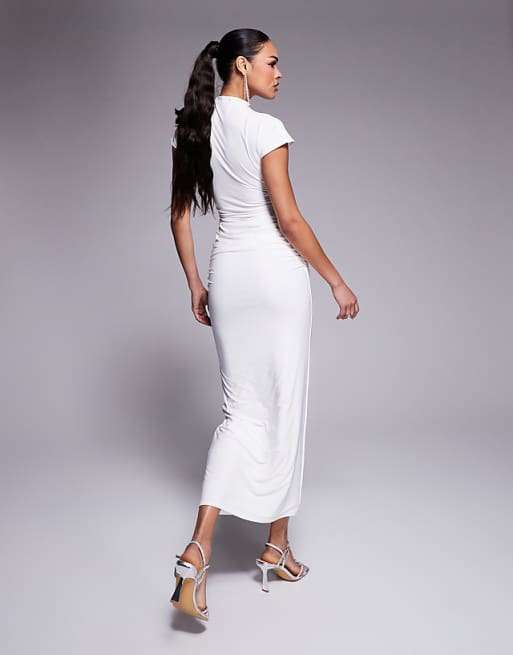 Kaiia Exclusive Double Layered Slinky High Neck Cap Sleeve Bodycon Maxi Dress In Cream