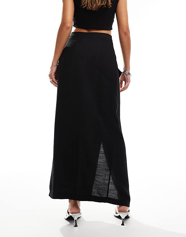 Kaiia Exclusive Linen Look Buckle Detail Maxi Skirt Co-ord In Black