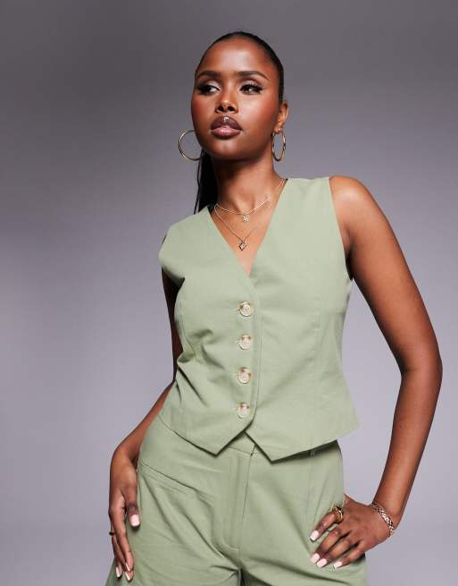 Kaiia Linen Look Cotton Waistcoat And Shorts Co-ord In Sage