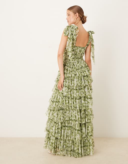 Lace & Beads Bow Shoulder Ruffle Maxi Dress In Olive Floral