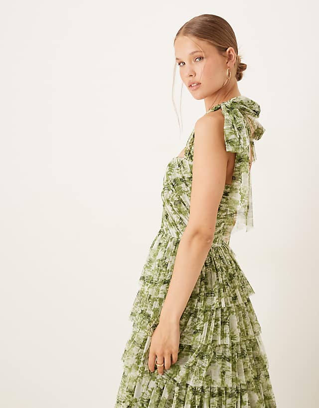 Lace & Beads Bow Shoulder Ruffle Maxi Dress In Olive Floral