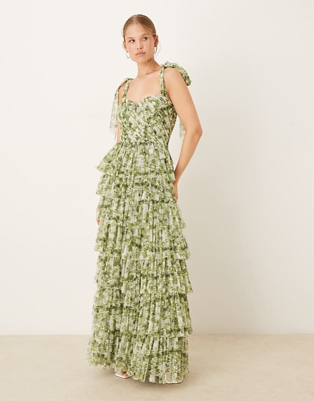 Lace & Beads bow shoulder ruffle maxi dress in olive floral