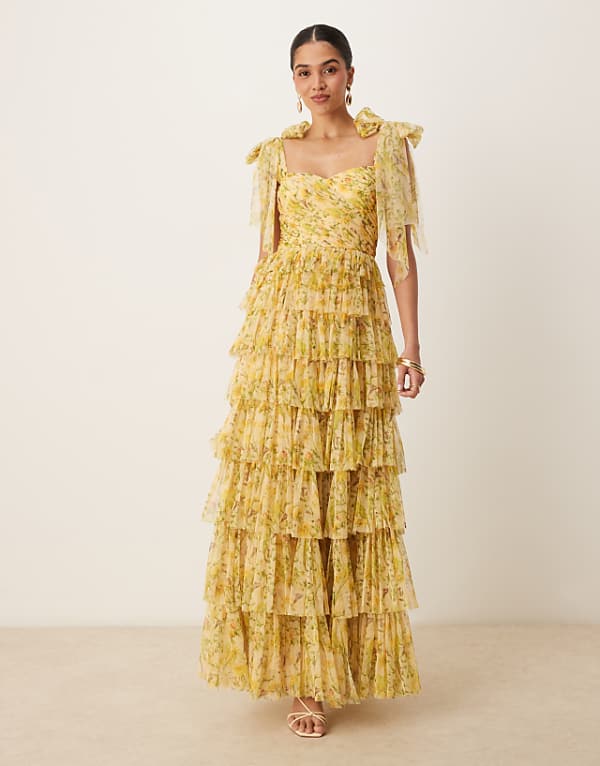 Lace & Beads Bow Shoulder Tiered Tulle Maxi Dress In Yellow Floral