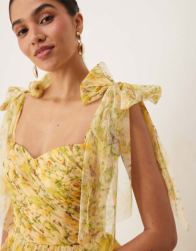 Lace & Beads Bow Shoulder Tiered Tulle Maxi Dress In Yellow Floral