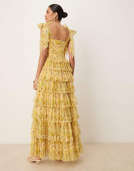 Lace & Beads Bow Shoulder Tiered Tulle Maxi Dress In Yellow Floral