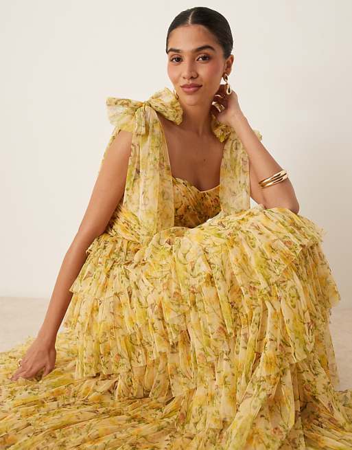 Lace & Beads Bow Shoulder Tiered Tulle Maxi Dress In Yellow Floral