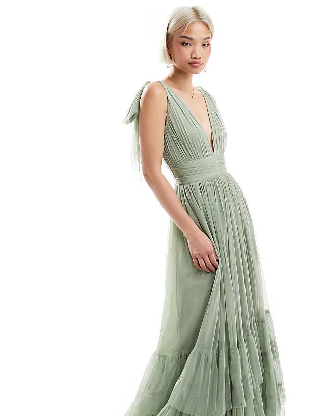 Lace & Beads Bridesmaid Madison Bow Shoulder Maxi Dress In Dusty Sage