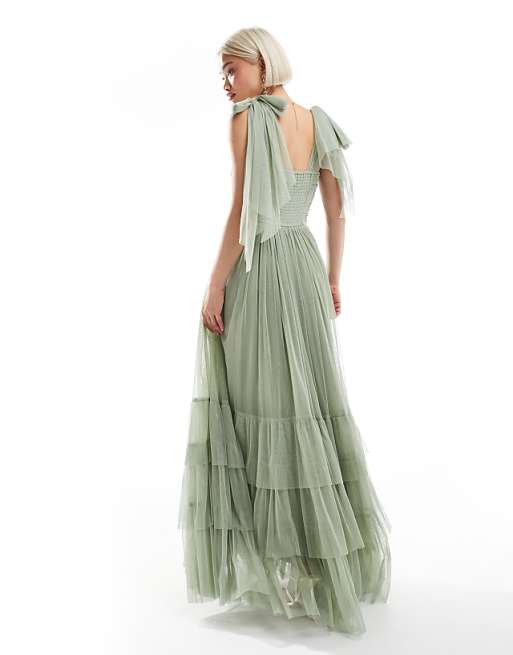 Lace & Beads Bridesmaid Madison Bow Shoulder Maxi Dress In Dusty Sage