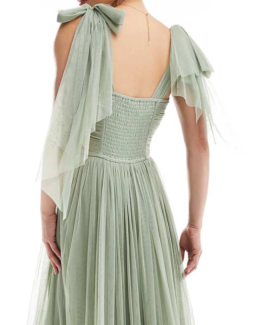Lace & Beads Bridesmaid Madison Bow Shoulder Maxi Dress In Dusty Sage