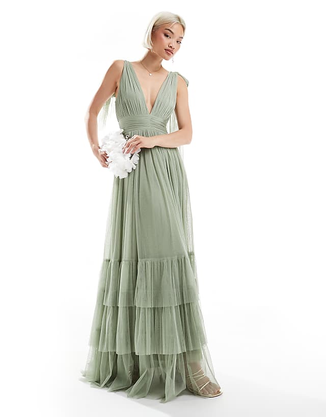 Lace & Beads Bridesmaid Madison Bow Shoulder Maxi Dress In Dusty Sage