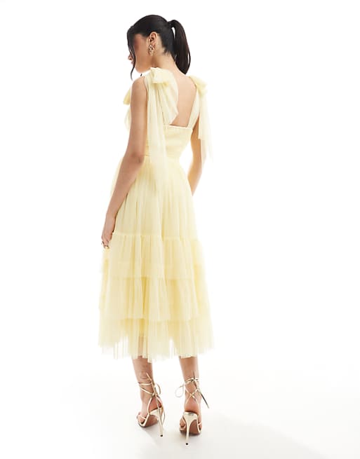 Lace & Beads Bridesmaid Madison Bow Shoulder Midaxi Dress In Butter Yellow