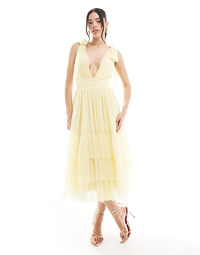 Lace & Beads Bridesmaid Madison bow shoulder midaxi dress in butter yellow