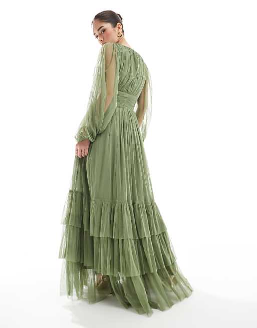 Lace & Beads Bridesmaid Madison Long Sleeve Maxi Dress In Soft Olive