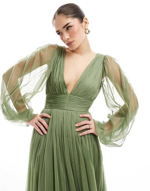 Lace & Beads Bridesmaid Madison Long Sleeve Maxi Dress In Soft Olive