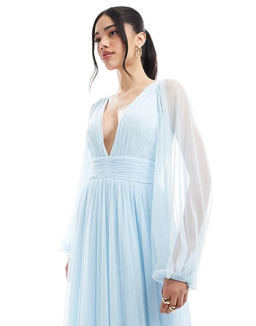 Lace & Beads Bridesmaid Madison Long Sleeve Maxi Dress In Powder Blue