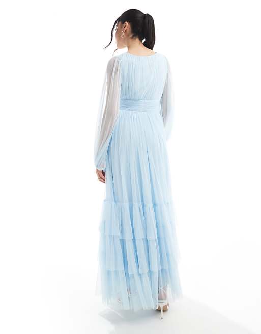 Lace & Beads Bridesmaid Madison Long Sleeve Maxi Dress In Powder Blue