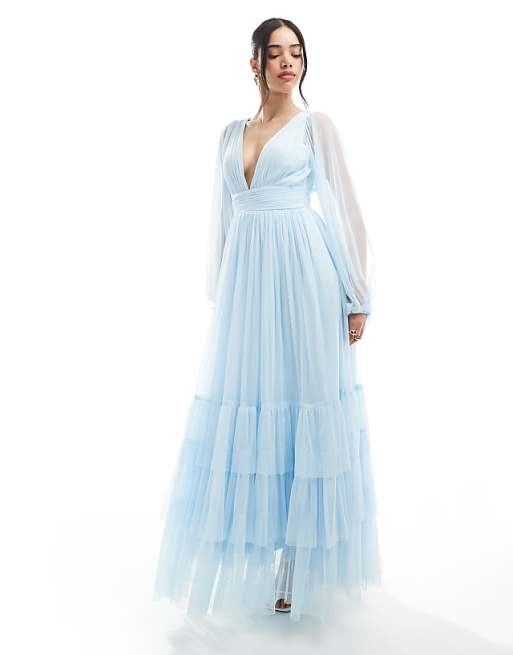 Lace & Beads Bridesmaid Madison long sleeve maxi dress in powder blue