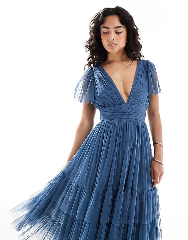 Lace & Beads Bridesmaid Madison Midi Dress In Deep Blue