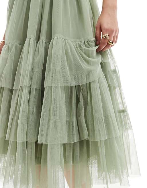Lace & Beads Bridesmaid Madison Midi Dress In Dusty Sage