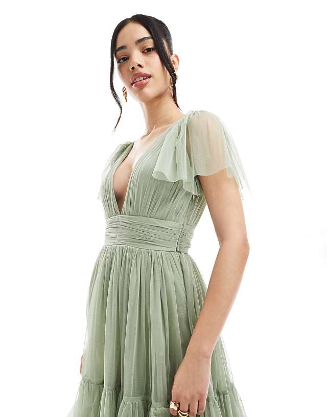 Lace & Beads Bridesmaid Madison Midi Dress In Dusty Sage