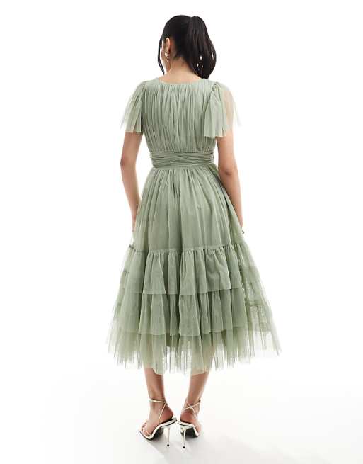 Lace & Beads Bridesmaid Madison Midi Dress In Dusty Sage
