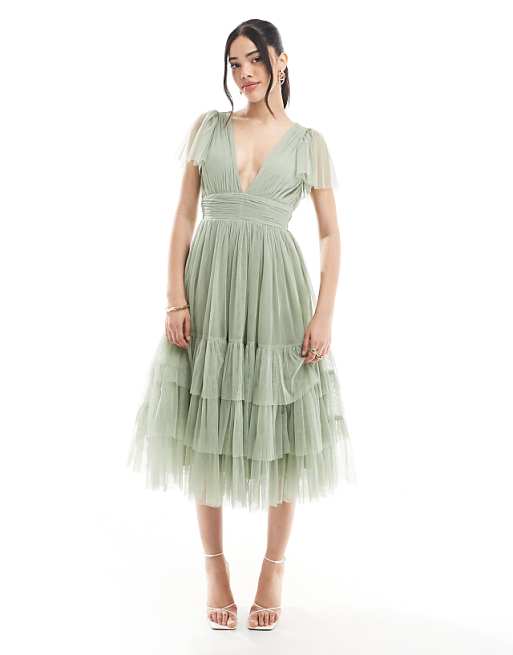 Lace & Beads Bridesmaid Madison Midi Dress In Dusty Sage