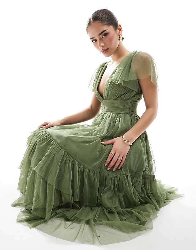 Lace & Beads Bridesmaid Madison Midi Dress In Soft Olive