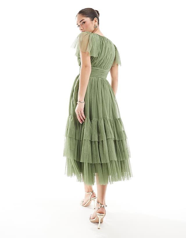 Lace & Beads Bridesmaid Madison Midi Dress In Soft Olive