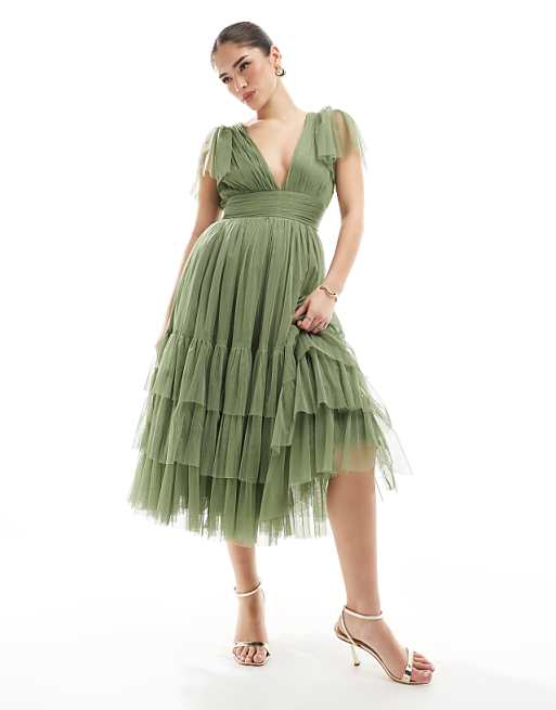 Lace & Beads Bridesmaid Madison midi dress in soft olive
