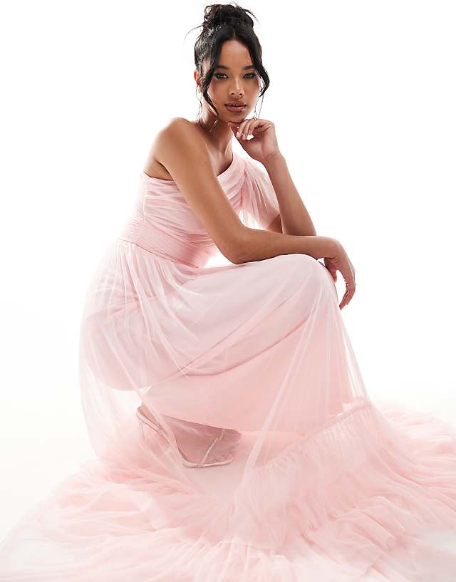 Lace & Beads Bridesmaid Madison One Shoulder Tulle Maxi Dress In Soft Pink