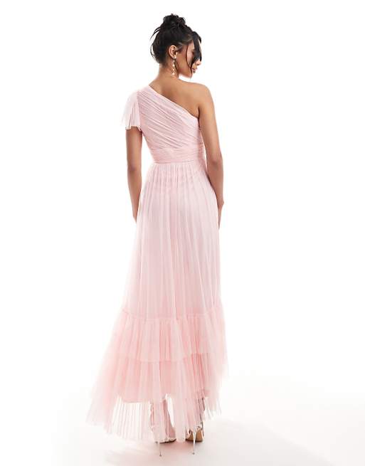 Lace & Beads Bridesmaid Madison One Shoulder Tulle Maxi Dress In Soft Pink