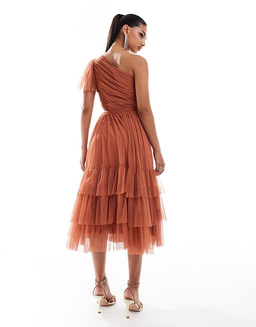 Lace & Beads Bridesmaid Madison One Shoulder Tulle Midi Dress In Terracotta Rose