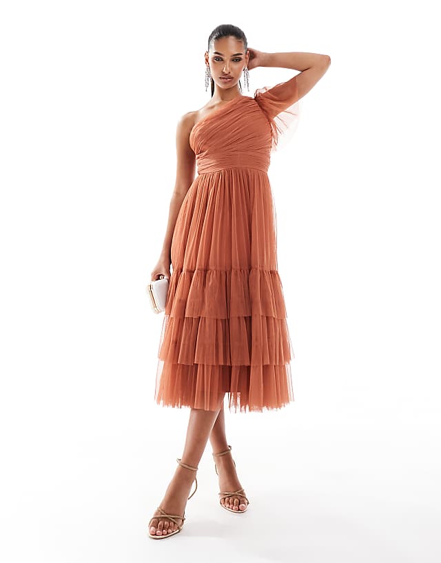 Lace & Beads Bridesmaid Madison one shoulder tulle midi dress in terracotta rose