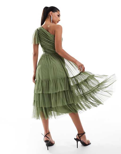 Lace & Beads Bridesmaid Madison One Shoulder Tulle Midi Dress In Soft Olive