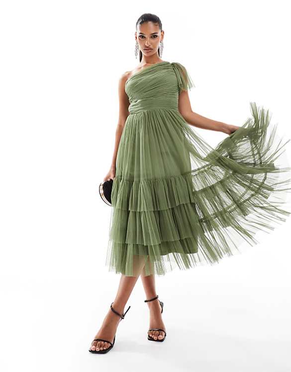Lace & Beads Bridesmaid Madison one shoulder tulle midi dress in soft olive