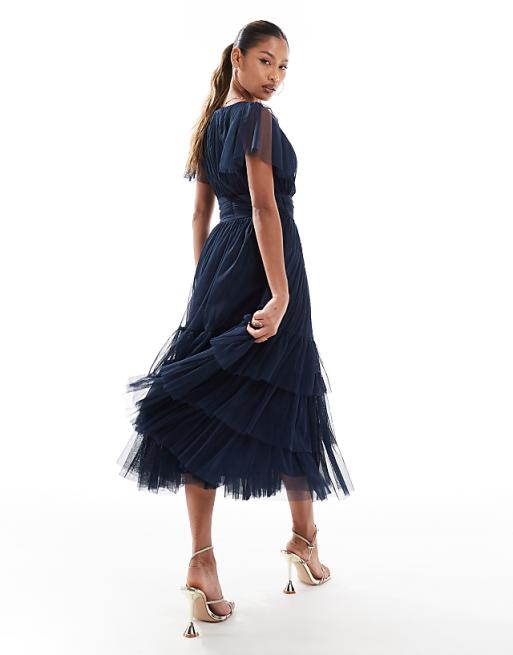 Lace & Beads Bridesmaid Madison V Neck Tulle Midi Dress In Navy